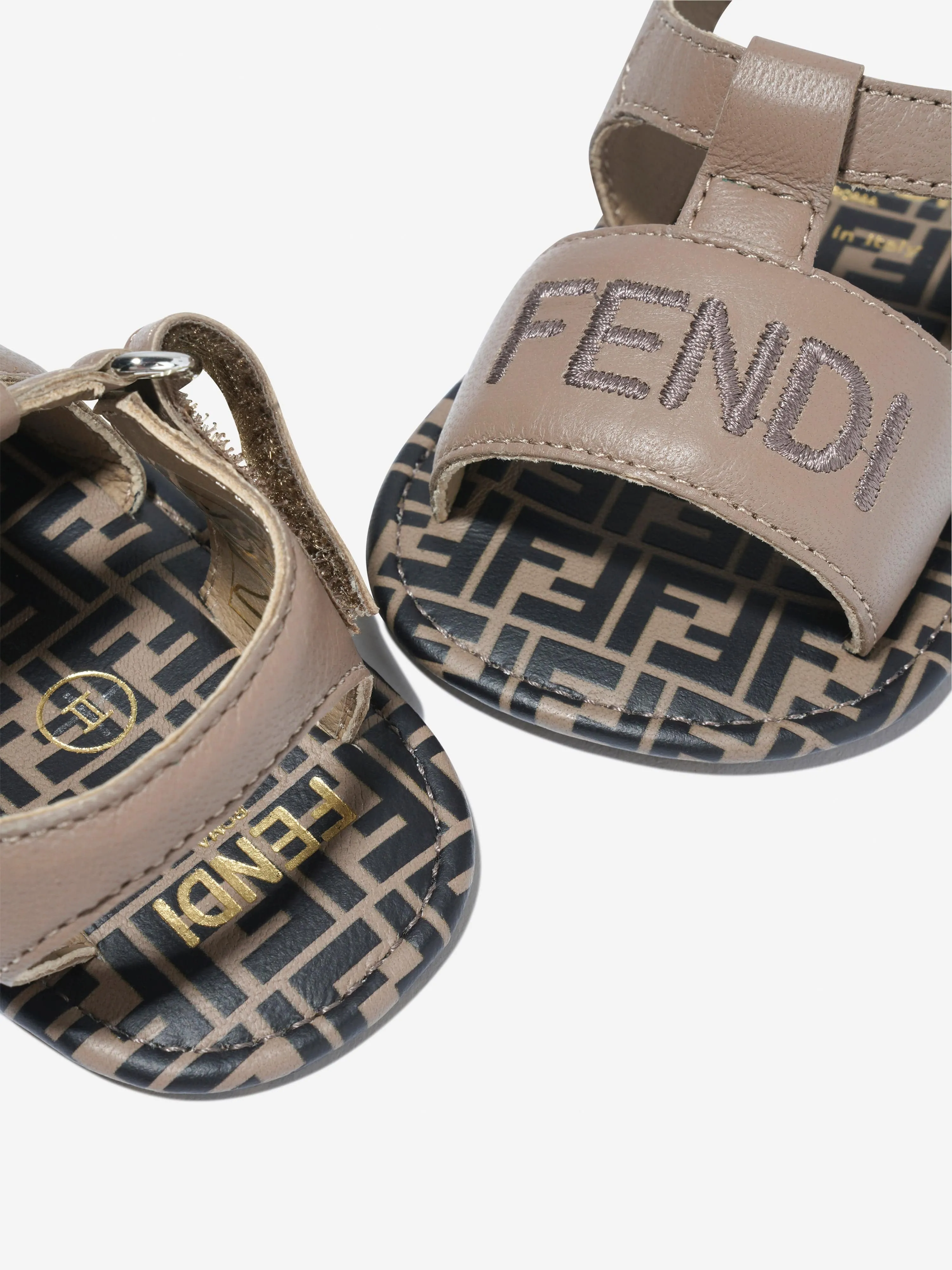 Fendi Baby Leather Logo Sandals in Beige