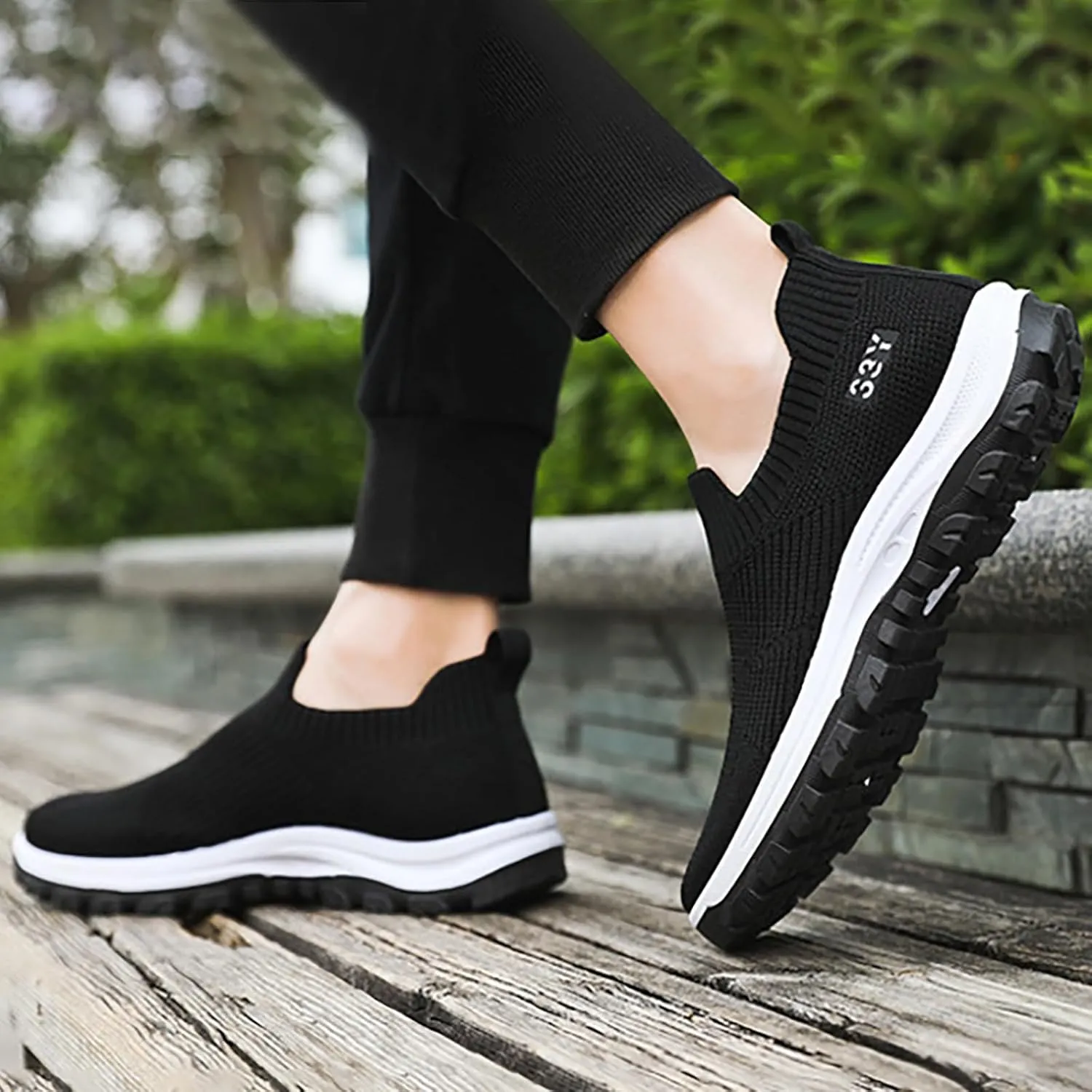 Men's Slip On Sock Shoes Breathable Mesh Sneakers Thick Bottom Non Slip Elastic Knit Sneaker Labor Work Shoes
