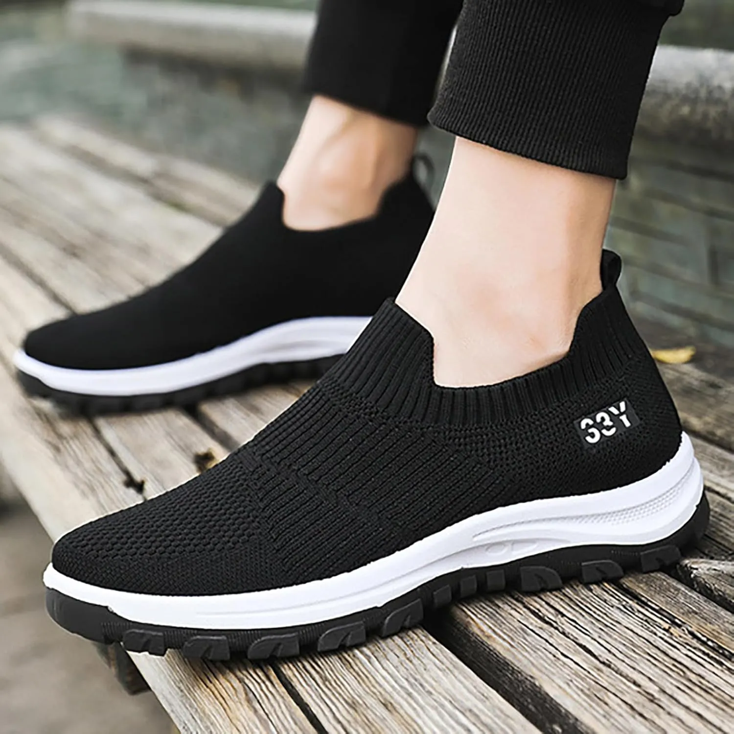 Men's Slip On Sock Shoes Breathable Mesh Sneakers Thick Bottom Non Slip Elastic Knit Sneaker Labor Work Shoes