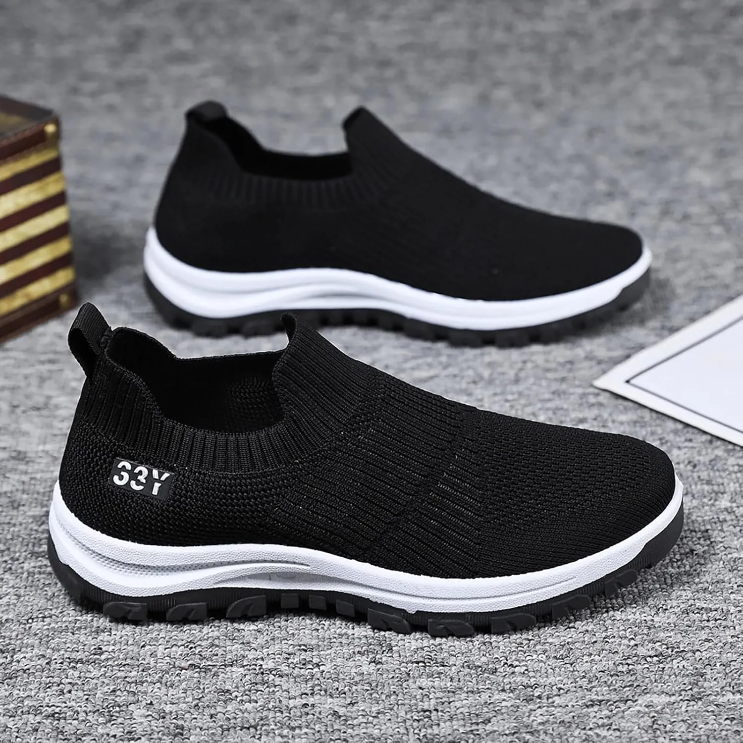 Men's Slip On Sock Shoes Breathable Mesh Sneakers Thick Bottom Non Slip Elastic Knit Sneaker Labor Work Shoes