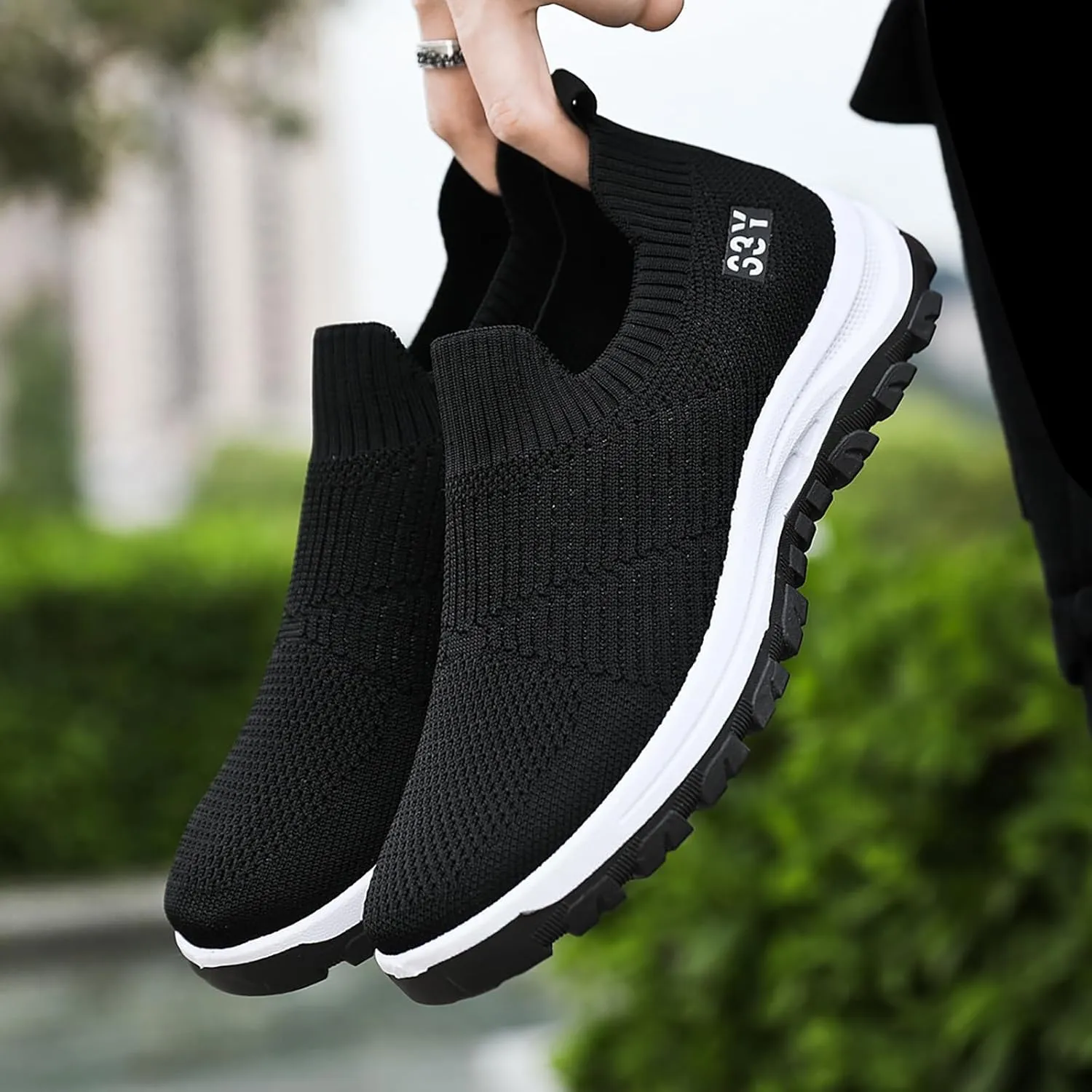 Men's Slip On Sock Shoes Breathable Mesh Sneakers Thick Bottom Non Slip Elastic Knit Sneaker Labor Work Shoes