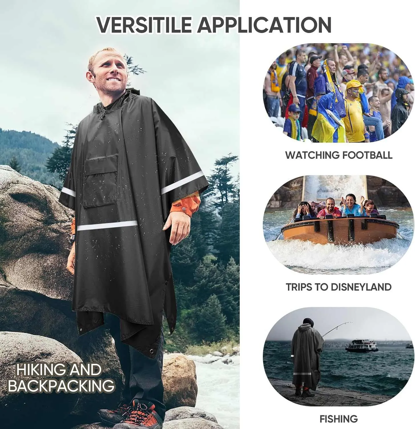 PTEROMY Hooded Rain Poncho for Adult with Pocket, Waterproof Lightweight Unisex Raincoat for Hiking Camping Emergency