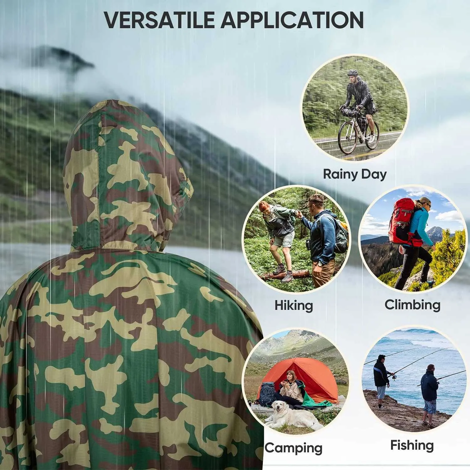 PTEROMY Hooded Rain Poncho for Adult with Pocket, Waterproof Lightweight Unisex Raincoat for Hiking Camping Emergency