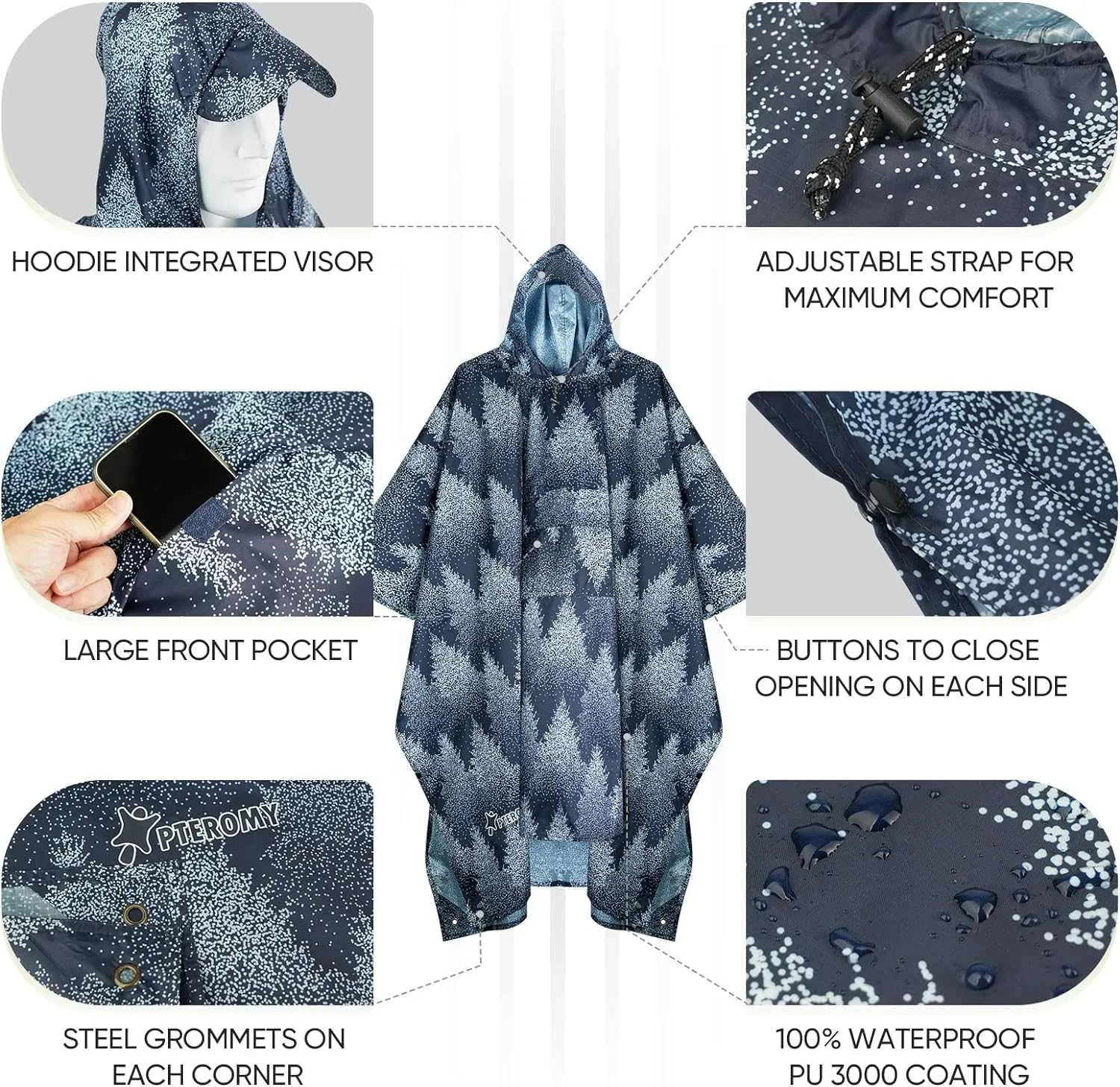 PTEROMY Hooded Rain Poncho for Adult with Pocket, Waterproof Lightweight Unisex Raincoat for Hiking Camping Emergency