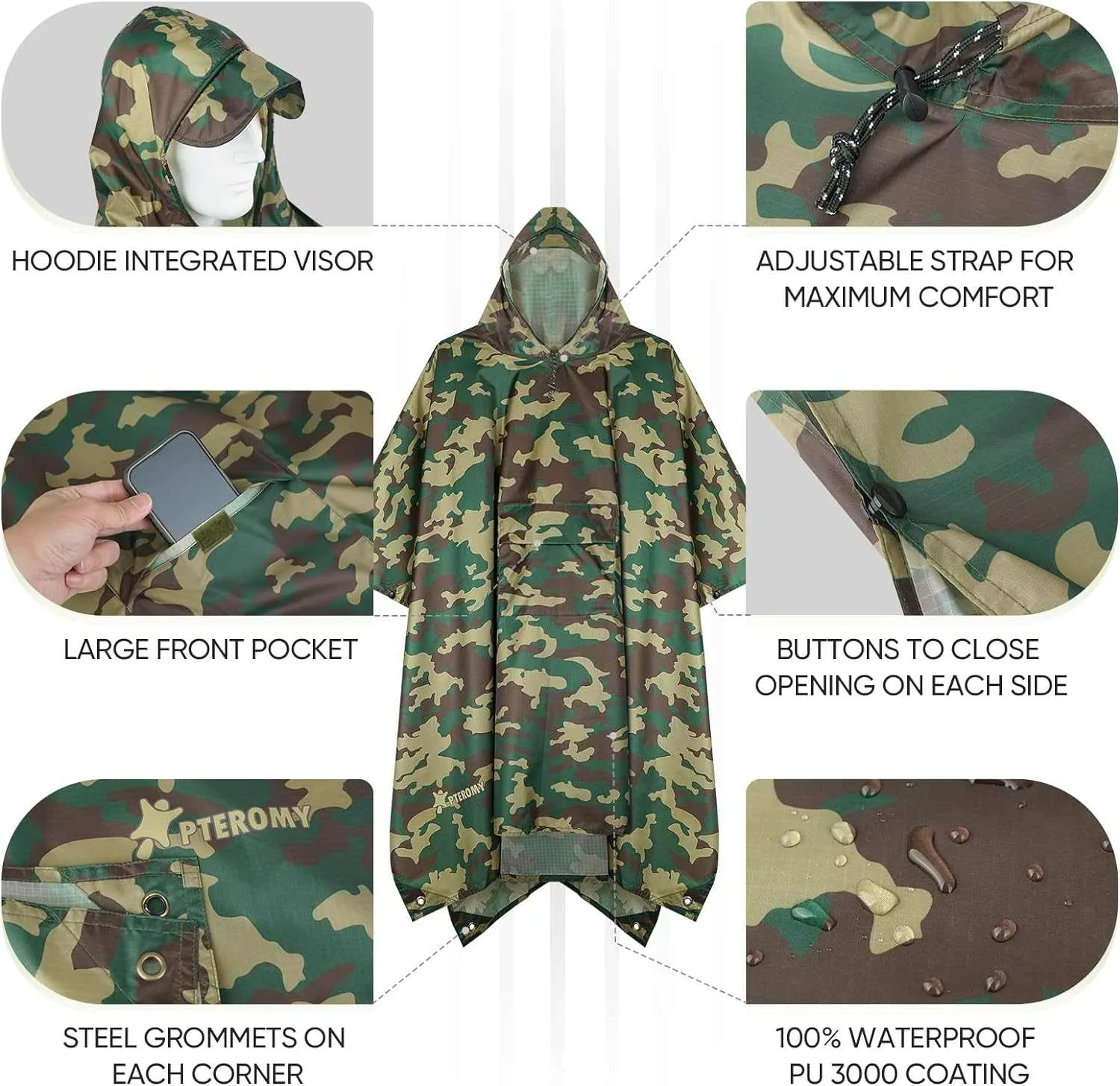 PTEROMY Hooded Rain Poncho for Adult with Pocket, Waterproof Lightweight Unisex Raincoat for Hiking Camping Emergency