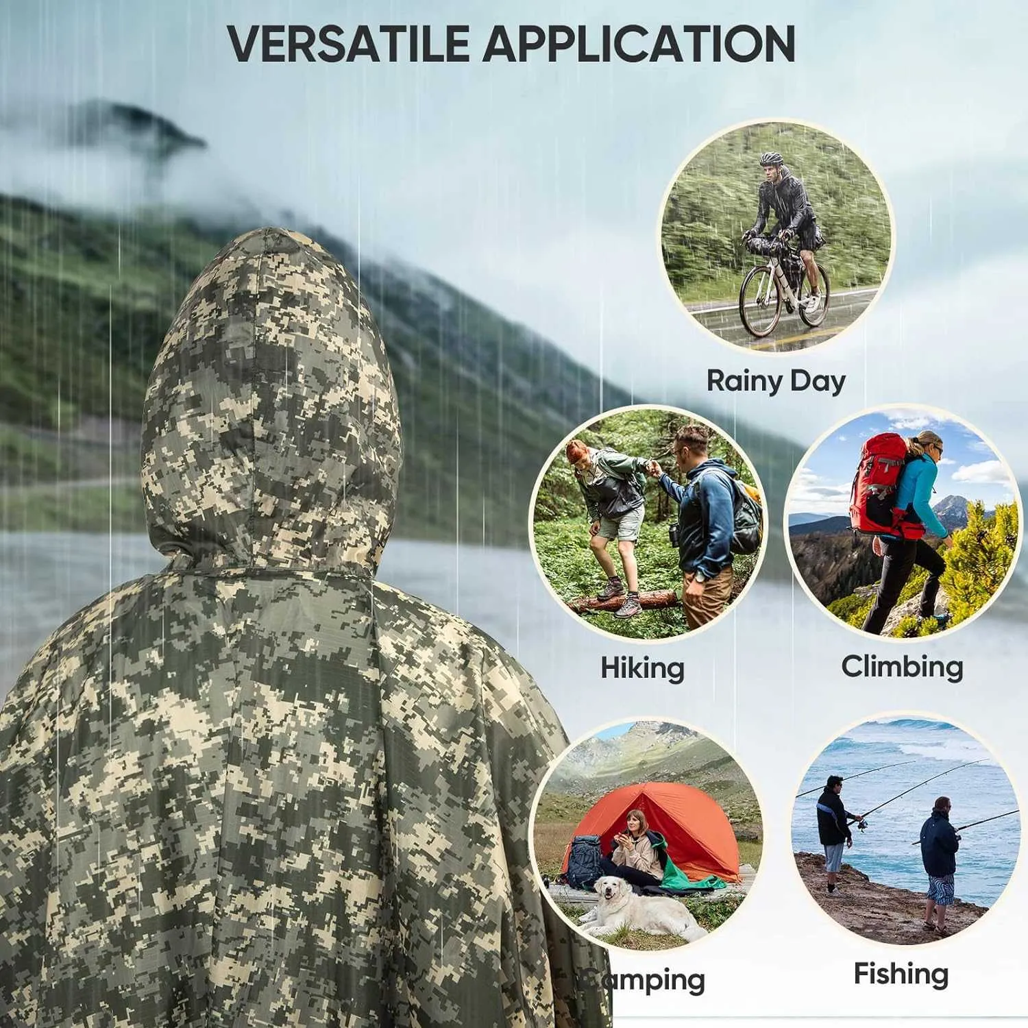 PTEROMY Hooded Rain Poncho for Adult with Pocket, Waterproof Lightweight Unisex Raincoat for Hiking Camping Emergency