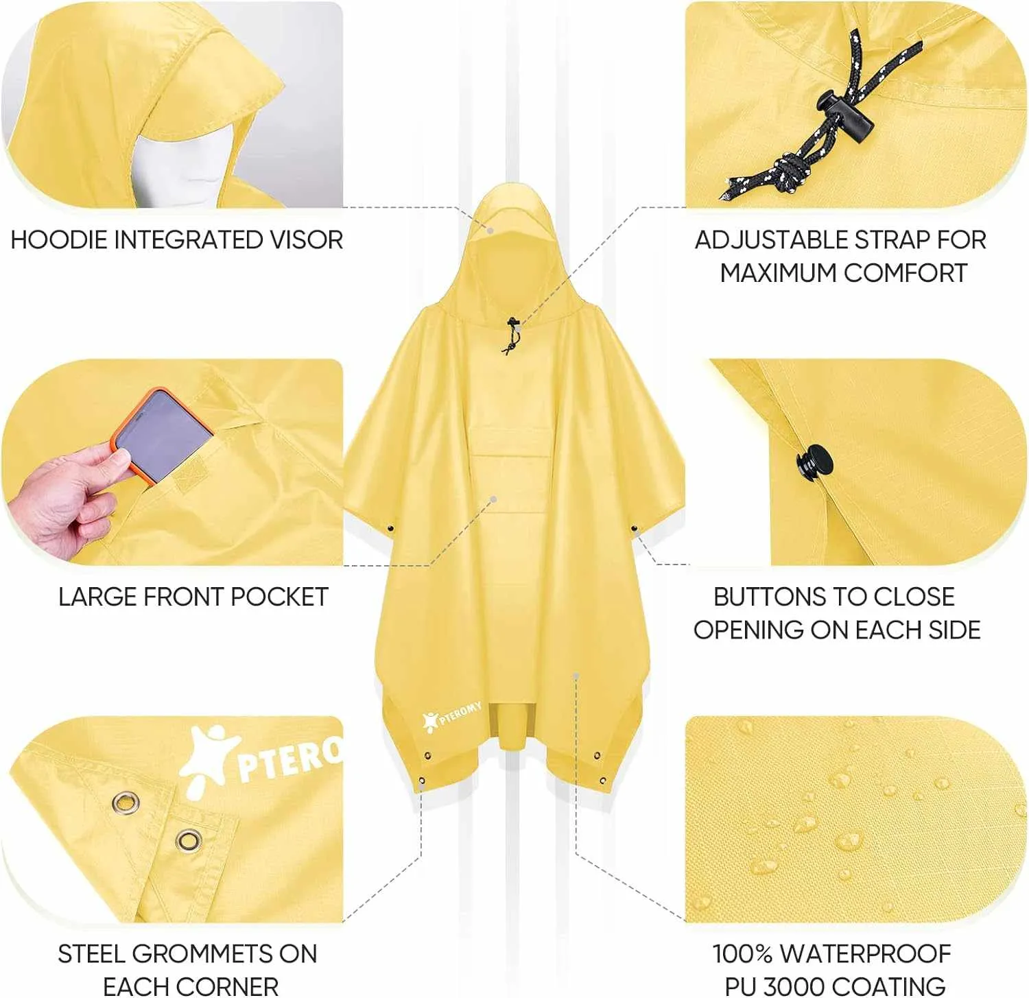PTEROMY Hooded Rain Poncho for Adult with Pocket, Waterproof Lightweight Unisex Raincoat for Hiking Camping Emergency