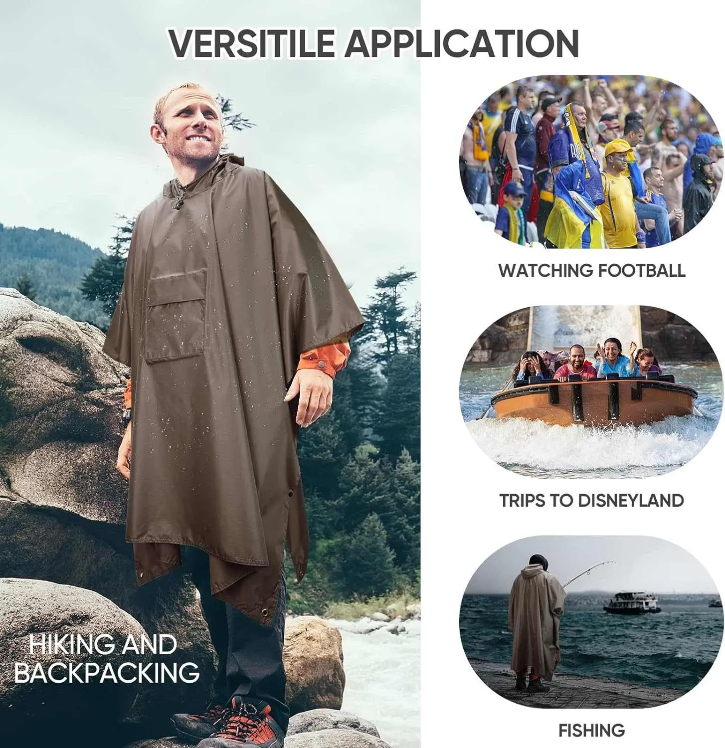 PTEROMY Hooded Rain Poncho for Adult with Pocket, Waterproof Lightweight Unisex Raincoat for Hiking Camping Emergency