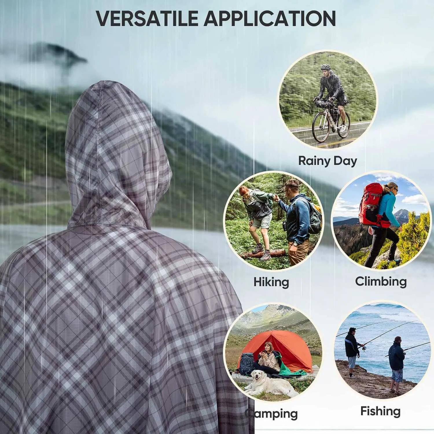 PTEROMY Hooded Rain Poncho for Adult with Pocket, Waterproof Lightweight Unisex Raincoat for Hiking Camping Emergency