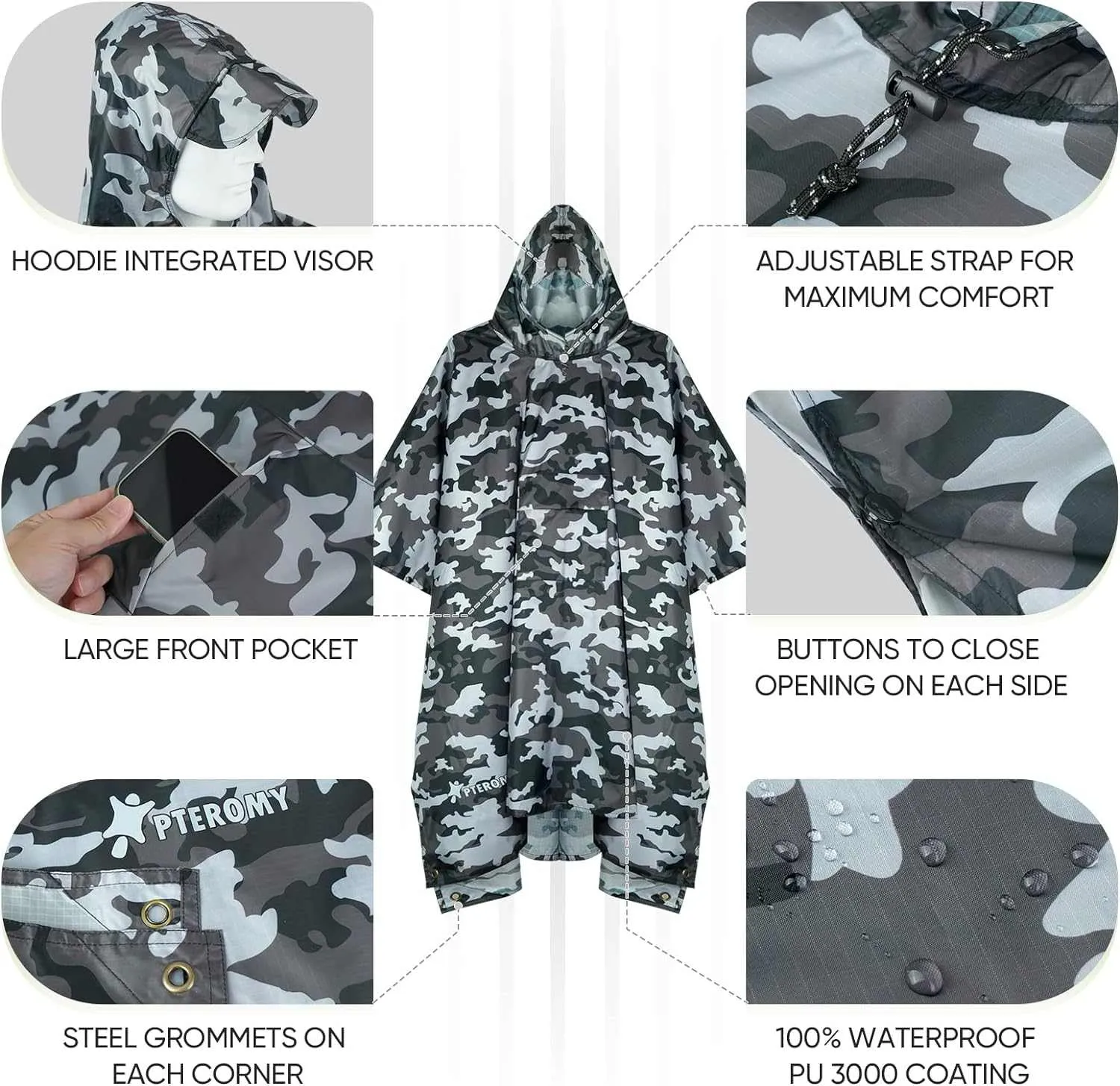 PTEROMY Hooded Rain Poncho for Adult with Pocket, Waterproof Lightweight Unisex Raincoat for Hiking Camping Emergency