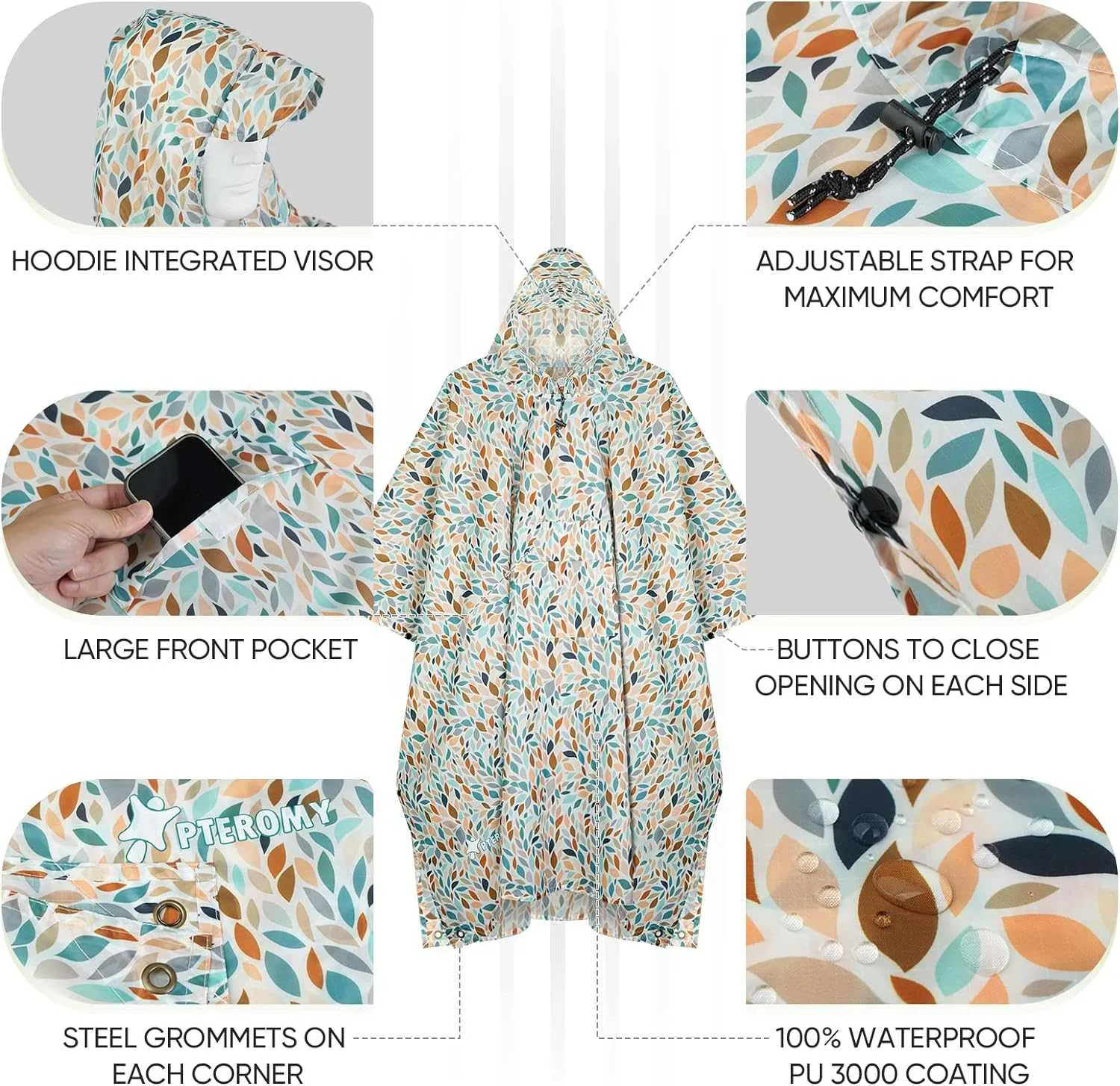 PTEROMY Hooded Rain Poncho for Adult with Pocket, Waterproof Lightweight Unisex Raincoat for Hiking Camping Emergency