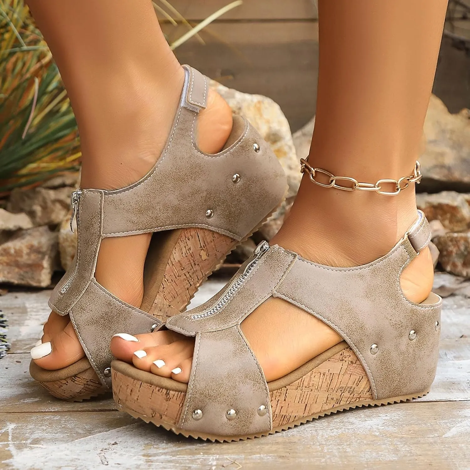 Women's Platform Wedge Sandals Open Toe Non Slip Cork Footbed Wedge Sandals Adjustable Hook and Loop Closure Shoes Lightweight for All Day Wear